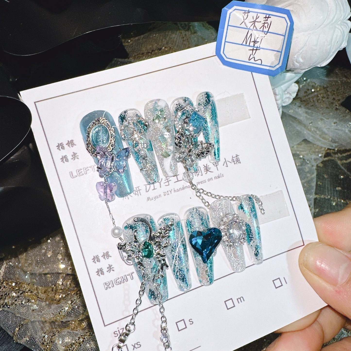 (Hand-Made Nail) Yanyan Handmade Nail Real Shot Light Luxury Feeling Cold Butterfly Luxury Emily Non-Mainstream Style Hot Girl Diamond Decorations Wear Nail