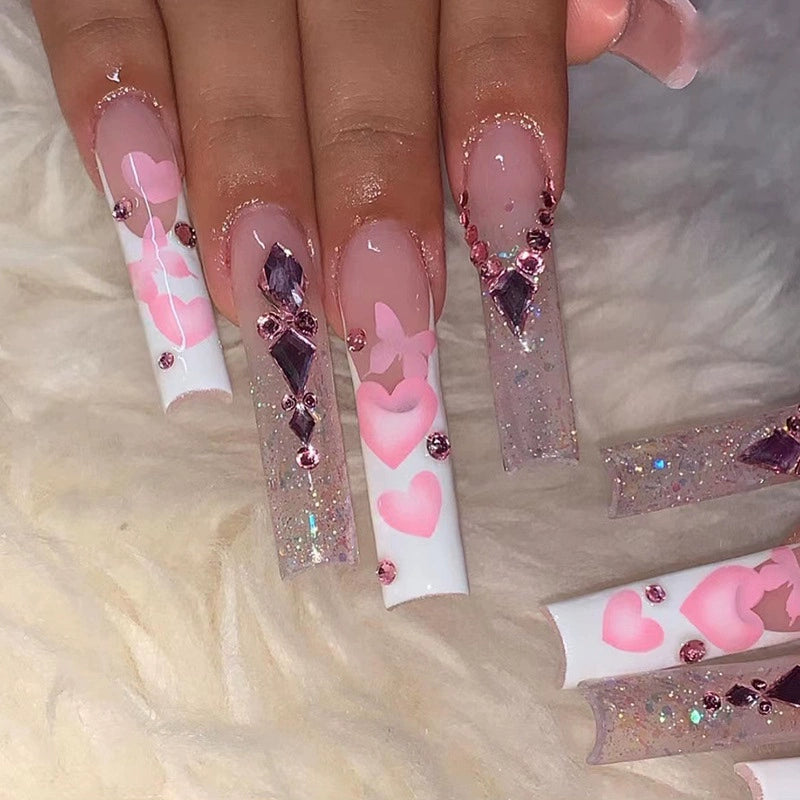 (Hand made nail) European and American Spicy Girl Super Long Instagram Dark Small Stand Retro Trapezoidal Shining Diamond Beauty False Nail Patch Detachable Wearable Nail