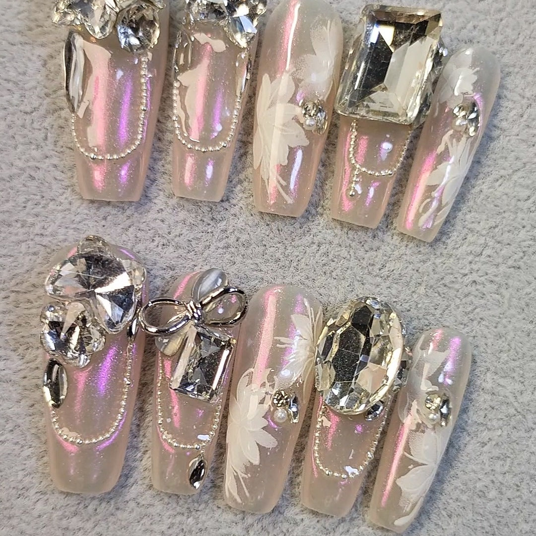 (Hand-Made Nail) Red-Letter Day Set Manicure [Real Shot] Handmade Wear Nail Pink Magic Mirror Heavy Industry Full Diamond Flash Nail Sticker 011