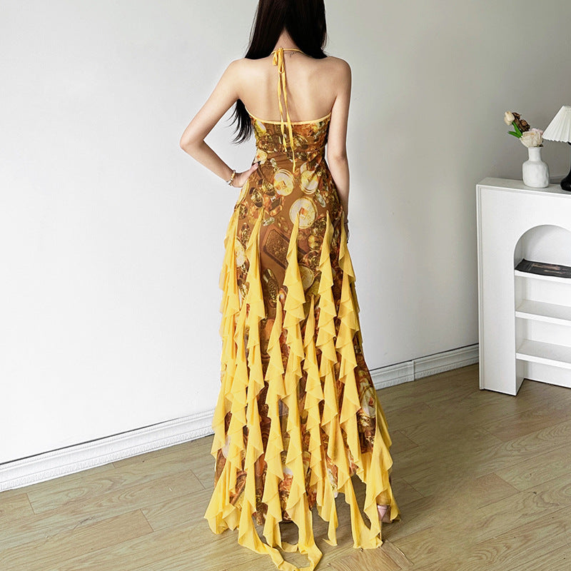 Free shipping  summer new sexy ruffle edge vacation style Spice girl neck suspender skirt woman dress