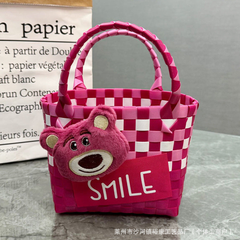 Dopamine Bag Free shipping Tattoo Cartoon dopamine plastic woven bag, trendy macaron hand-woven vegetable basket bag, cute casual seaside beach bag
