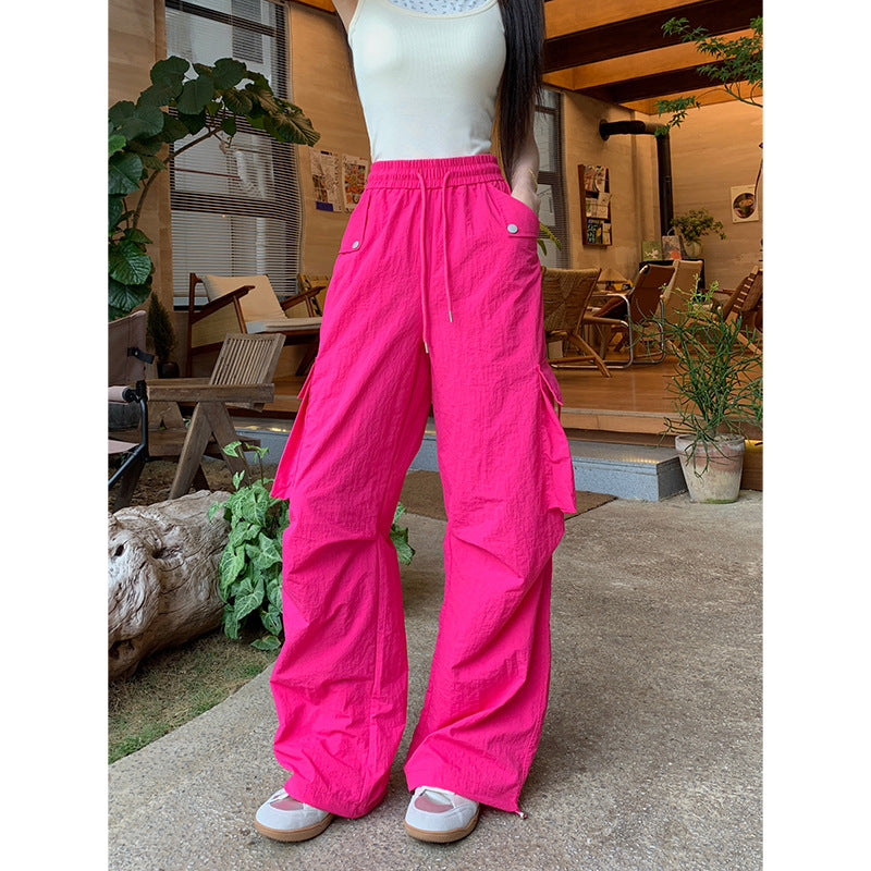 Dopamine pants Free shipping Tattoo Dopamine blue overalls women's summer American drawstring elastic waist casual pants sports tied feet wide-leg trousers