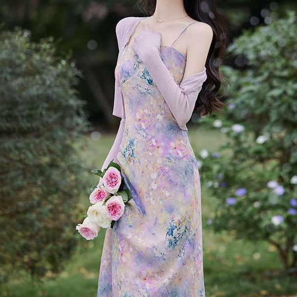 Dopamine dress Free shipping Tattoo S summer dopamine a whole set of gentle purple suit French sweet suspender dress floral long dress