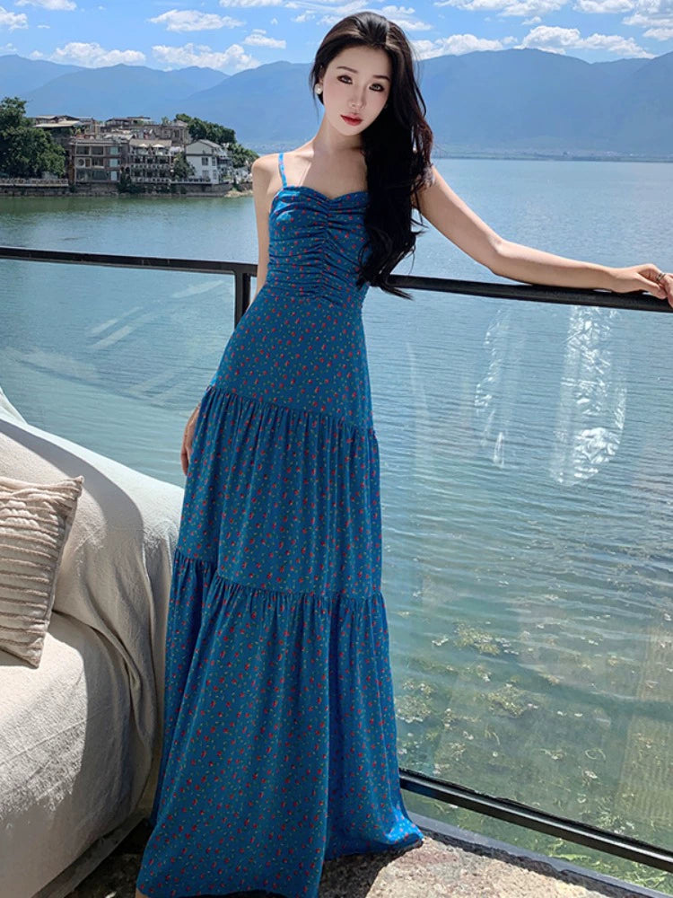 Fashion women's wear off-Shoulder Spaghetti Straps Dress Women's Summer Sanya Seaside Holiday Beach Skirt Floral Backless Waist Trimming Ankle-Length Dress