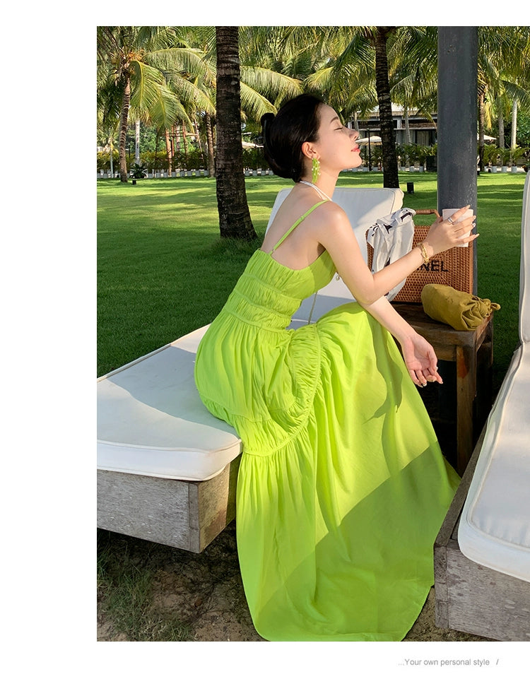 Fashion women's wear Summer Dopamine Seaside Vacation Deep V Dress Green Suspenders Ankle-Length Dress Sanya Slimming Beach Skirt Female