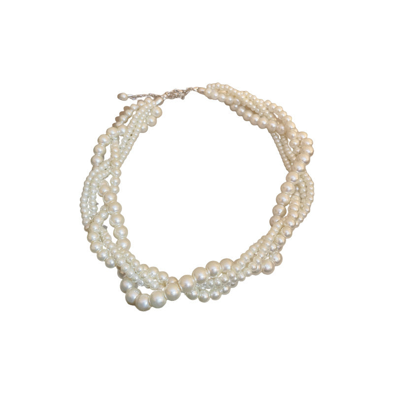 时尚麻花缠绕多层珍珠项链港风气质复古锁骨链百搭个性设计感项饰