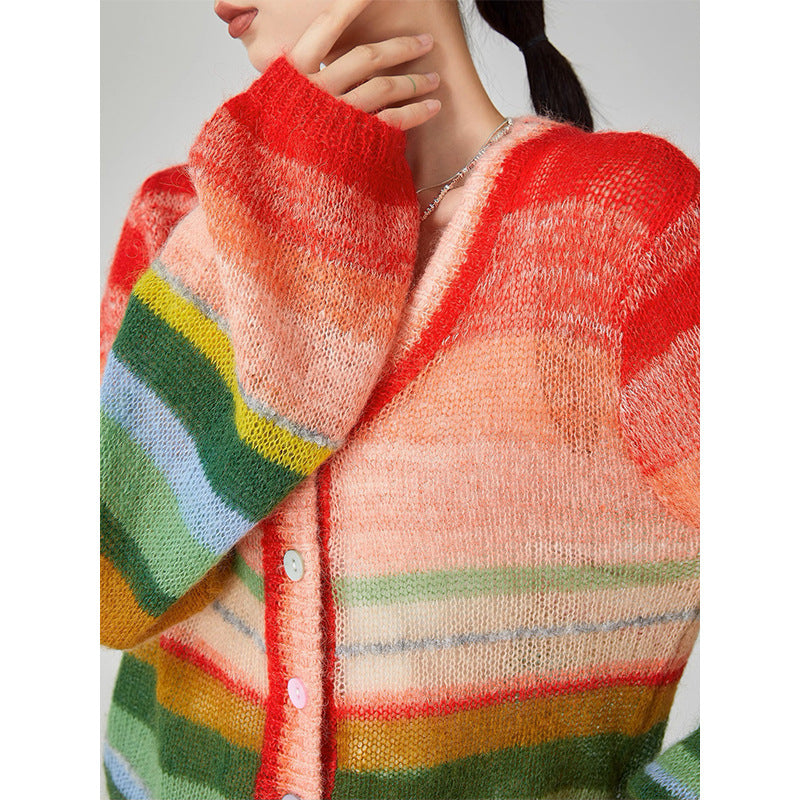 Dopamine tops Free shipping Tattoo Rainbow contrasting mohair striped knitted sweater women's thin 2024 spring and autumn new dopamine outer cardigan top