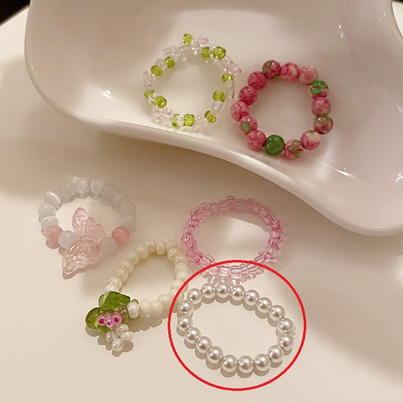 花朵珍珠猫眼石戒指韩国简约甜美食指戒ins高级感百搭手饰批发女