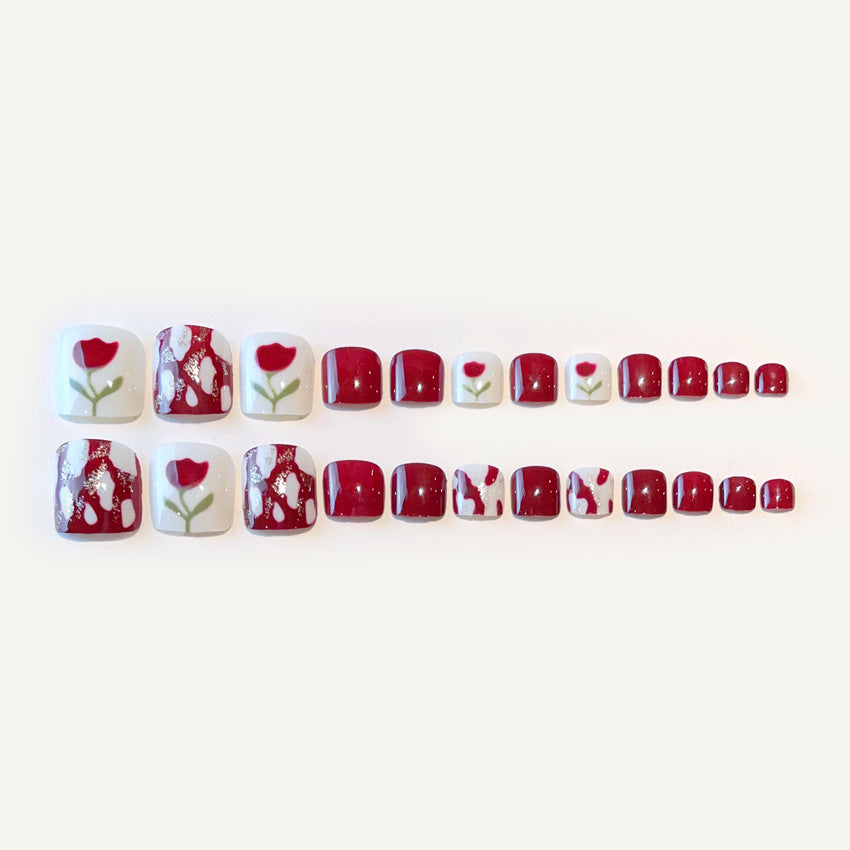 Fashion  nail New Fresh Manicure Wear Nail Ins Wine Red Small Flower Nail Patch Toenail Toenail Manicure J4