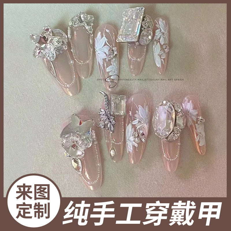 (Hand-Made Nail) Pure Hand-Wear Nail Polish Ice Transparent Nude Pink Flashing Flower Butterfly Blooming Detachable Heavy Hand-Painted