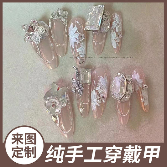 (Hand-Made Nail) Pure Hand-Wear Nail Polish Ice Transparent Nude Pink Flashing Flower Butterfly Blooming Detachable Heavy Hand-Painted