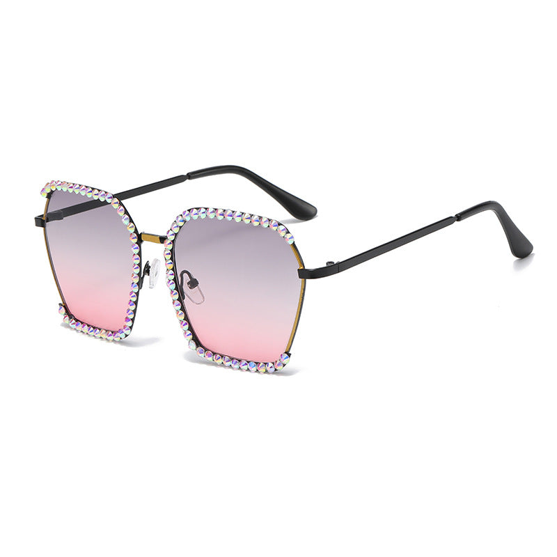 Women's fashion glasses 跨境新欧美镶钻大框太阳镜女高级感复古茶色墨镜显瘦韩版防晒眼镜