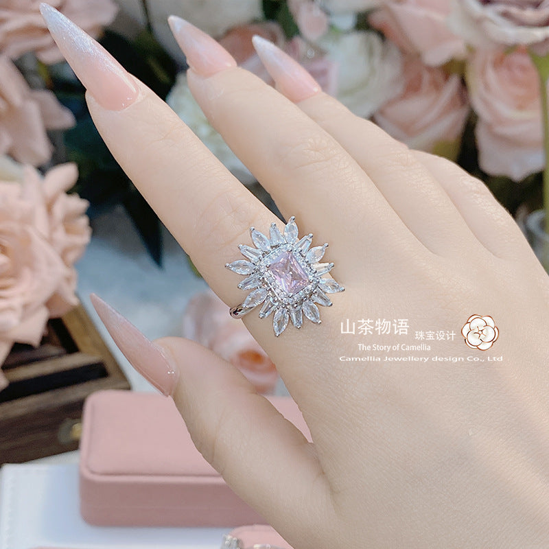 Camellia名缓少女仿帕帕拉恰宝石戒指 彩宝微镶黛粉锆石开口指环