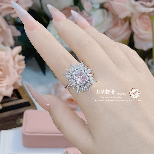 Camellia名缓少女仿帕帕拉恰宝石戒指 彩宝微镶黛粉锆石开口指环