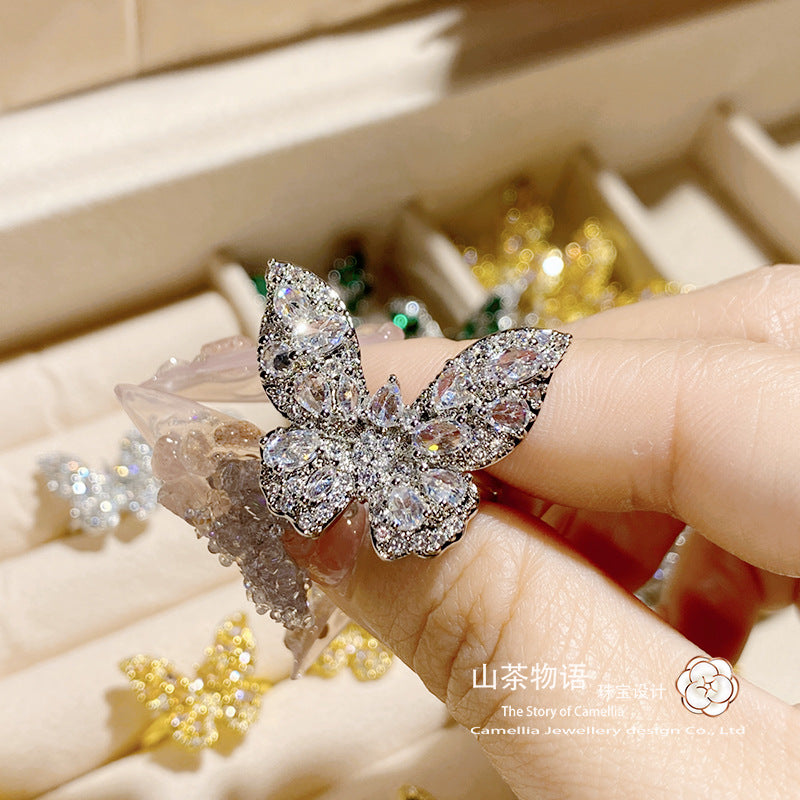 山茶欧美重工满钻精致高级感吊坠戒指耳钉 镀金立体蝴蝶气质套装