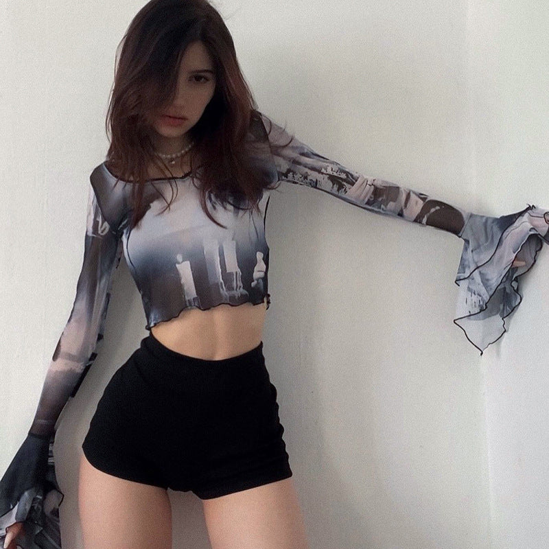 Fashion women's wear Q22tp146 Summer New 2024 Printed round Neck Pullover Horn Long Sleeves Cropped Casual   Women's Clothing Top
