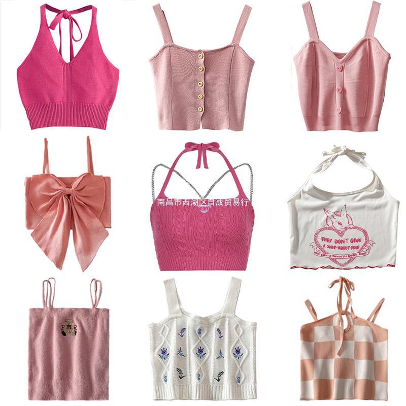 Dopamine tops Free shipping Tattoo Pink Dopamine Wear Seaside Small Suspender Female Sexy Neck Wear Vest Sweet Spicy Thai Top Spice Girl Summer