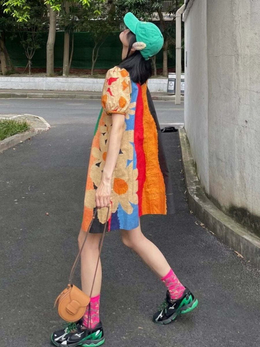 Dopamine dress Free shipping Tattoo Large Size Women's French Rainbow Stripe Dress Summer Fat MM Loose 150kg Skinny Dopamine Doll Dress