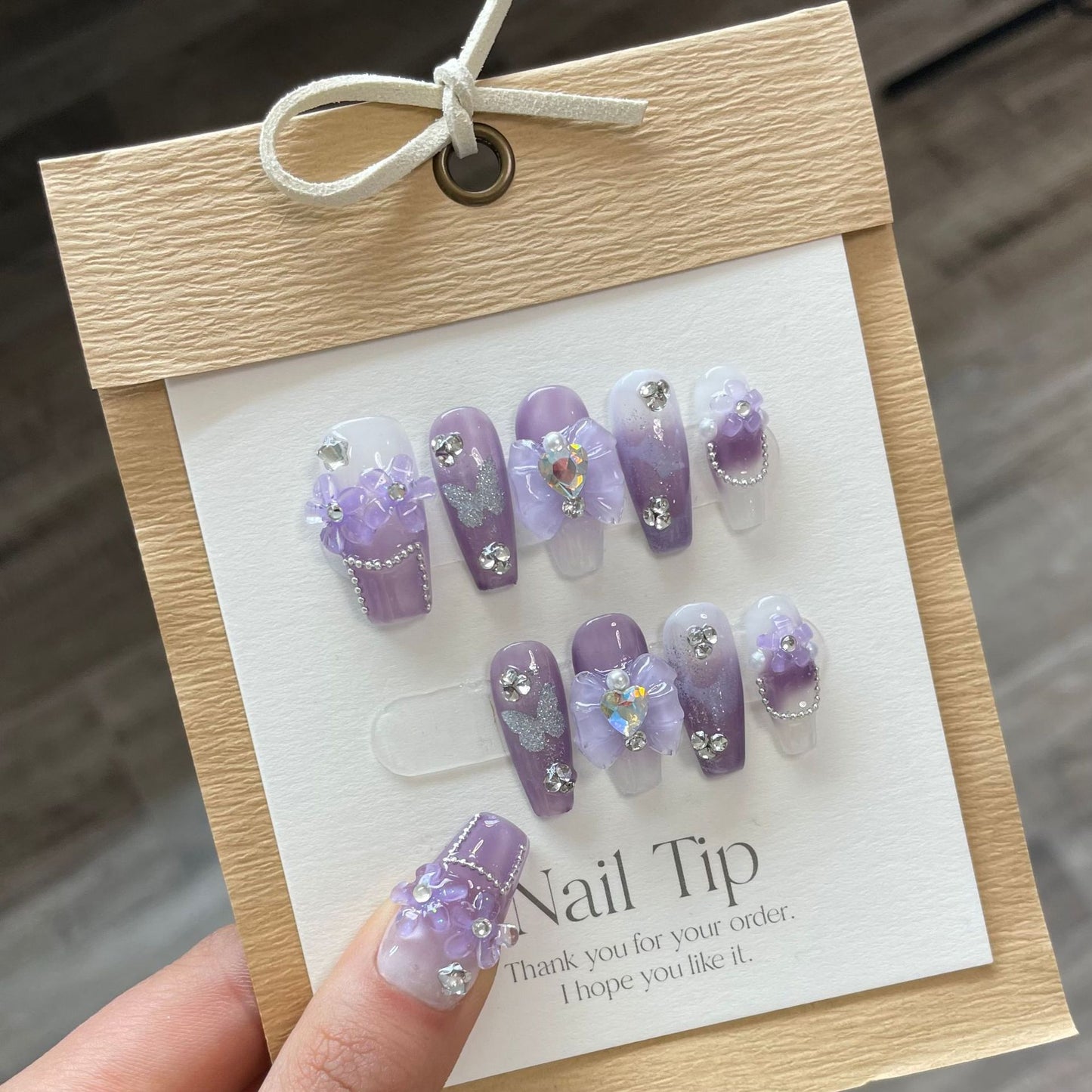 (reusable nail)(Hand-made) Wear Nail pure Hand-made Purple Star Clear Fairy Wind Iris Patch Diamond Nail Beauty (reusable)