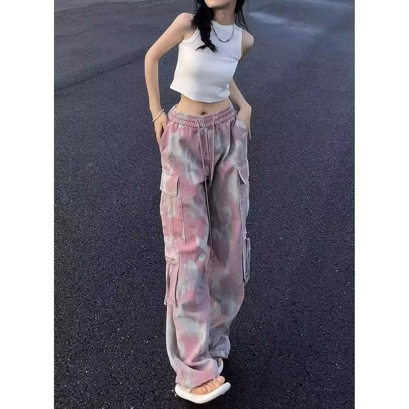 Dopamine pants Free shipping Tattoo Design sense dopamine wear pink camouflage overalls women's summer street high waist elastic sweet casual trousers