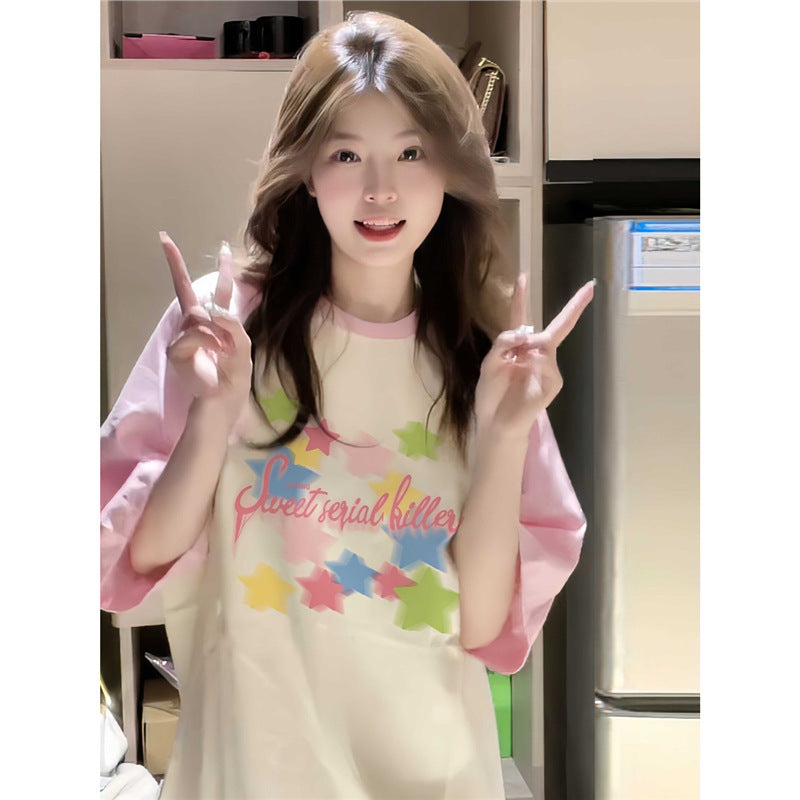 Dopamine tops Free shipping Tattoo 100Kg cotton pink shoulder-plugged short-sleeved t-shirt girlfriend outfit summer female college student dopamine loose and thin top