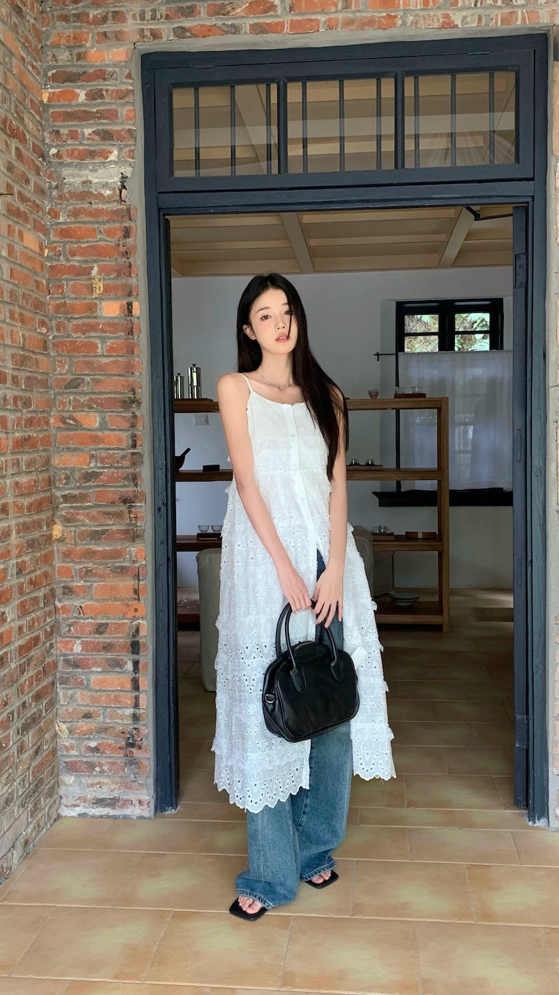 Fashion women's wear Fashionable Embroidery Hollow out Sweet Spaghetti-Strap Dress Women's Clothing Spring 2024 New Mid-Length Waist Split Skirt