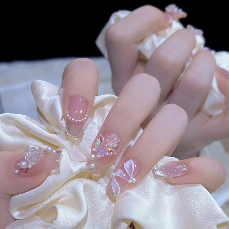 (Hand-made nail) French nail armor long black small fragrance simple white high-grade sense nail piece bride pregnant woman finished product.