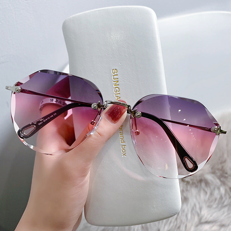 Women's fashion glasses年新款无框太阳眼镜女防紫外线高级感墨镜潮女圆脸大脸显瘦夏