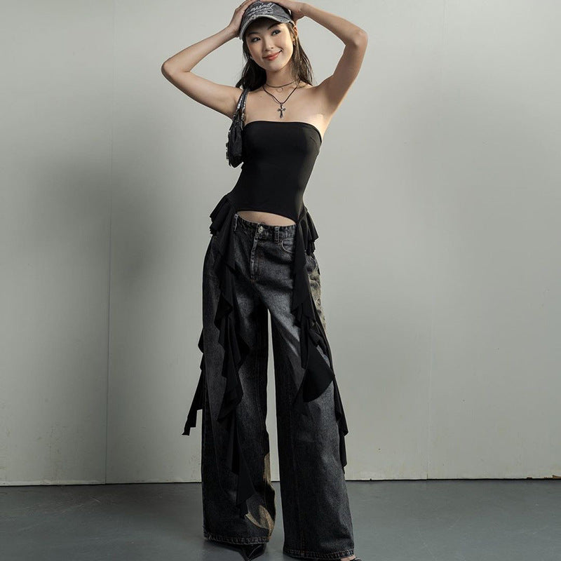 Free shipping Tattoo 2023 European and American style sexy babes women's clothing summer ruffle leaf edge shoulder wrap ur top Amazon explosive tops
