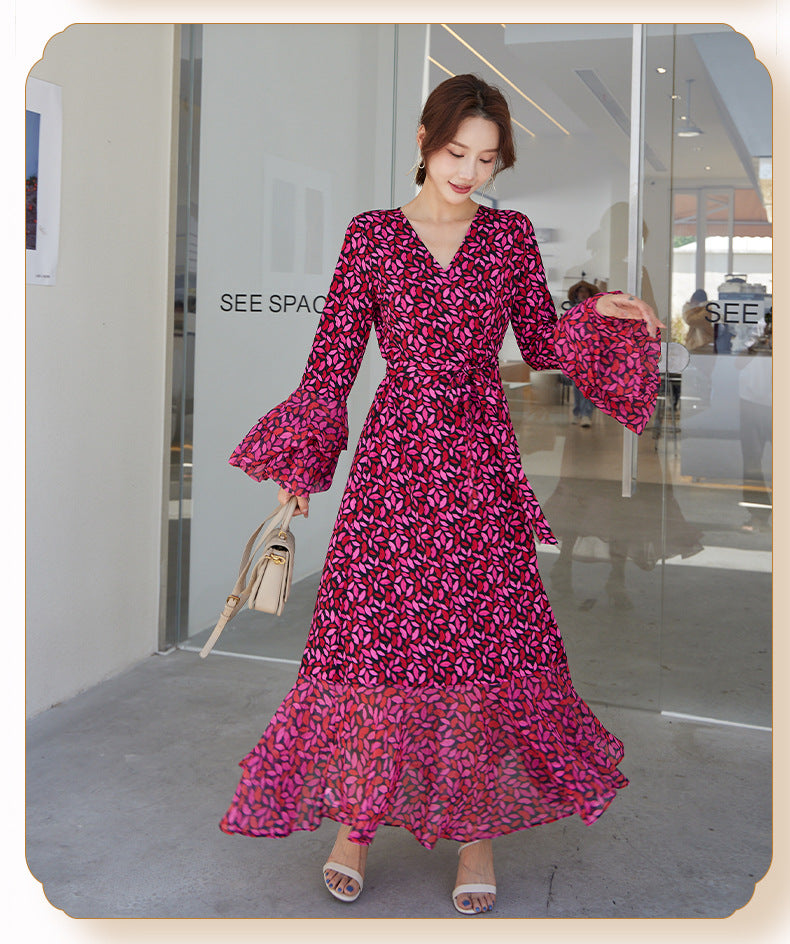 Fashion women's wear Small Red Lip Lantern Sleeve Collarless Long Dress One-Piece Elegant New Leopard Print Printed V-neck Lace-up Wrap Skirt