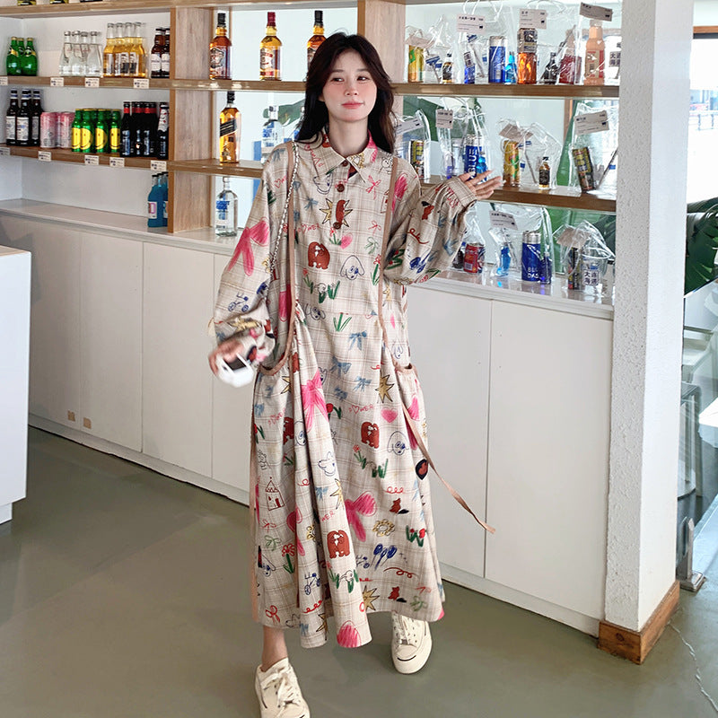 Dopamine dress Free shipping Tattoo Design sense niche printing graffiti dopamine printing polo collar long dress spring and autumn new Korean version loose dress