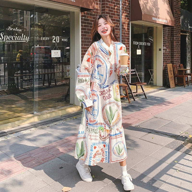 Dopamine dress Free shipping Tattoo Dopamine color graffiti print dress women's autumn 2024 new French lazy wind loose casual long skirt