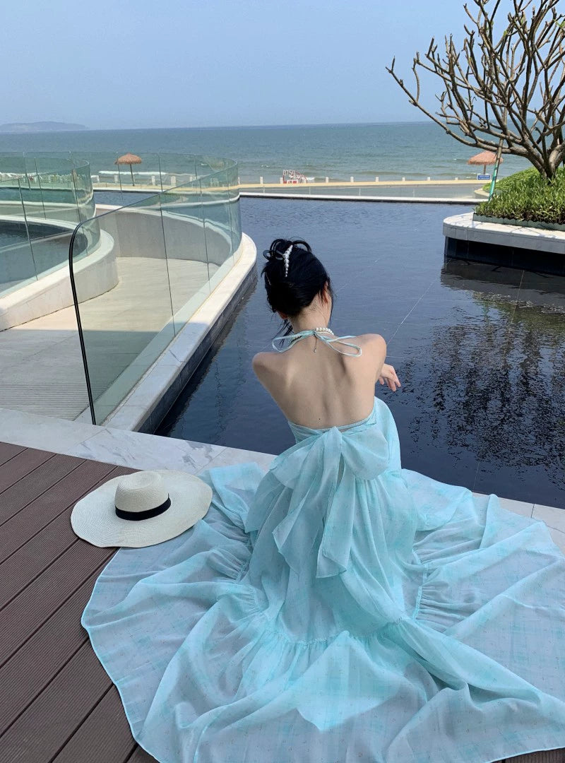 Fashion women's wear French Pure Desire Style Sexy Backless Halter Sling Dress Fairy Temperamental Beautiful Seaside Vacation Beach Dress