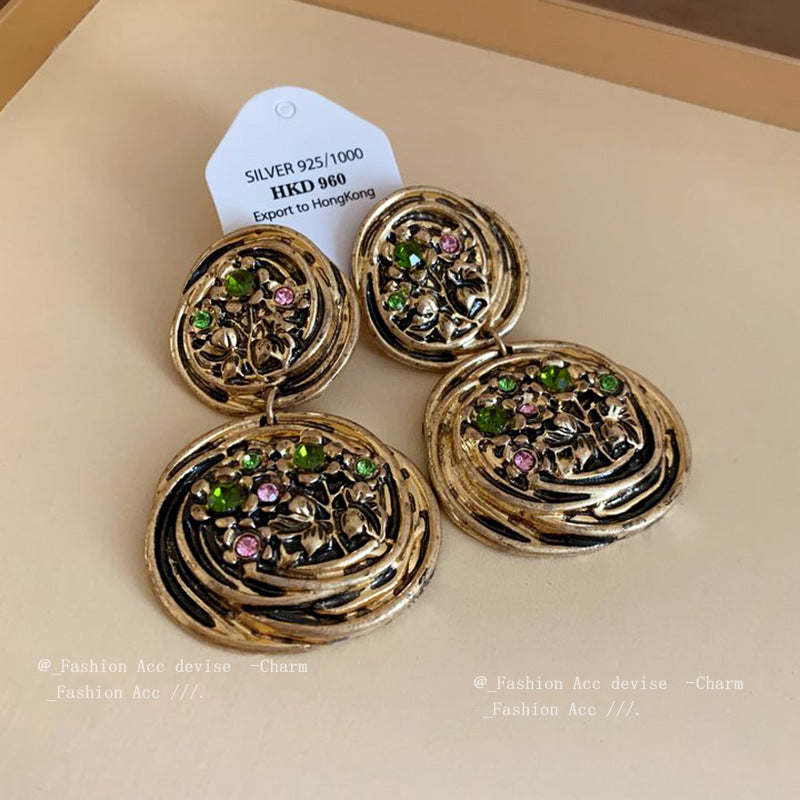 银针镶钻复古圆形耳环中古夸张高级感耳钉小众百搭设计感耳饰批发