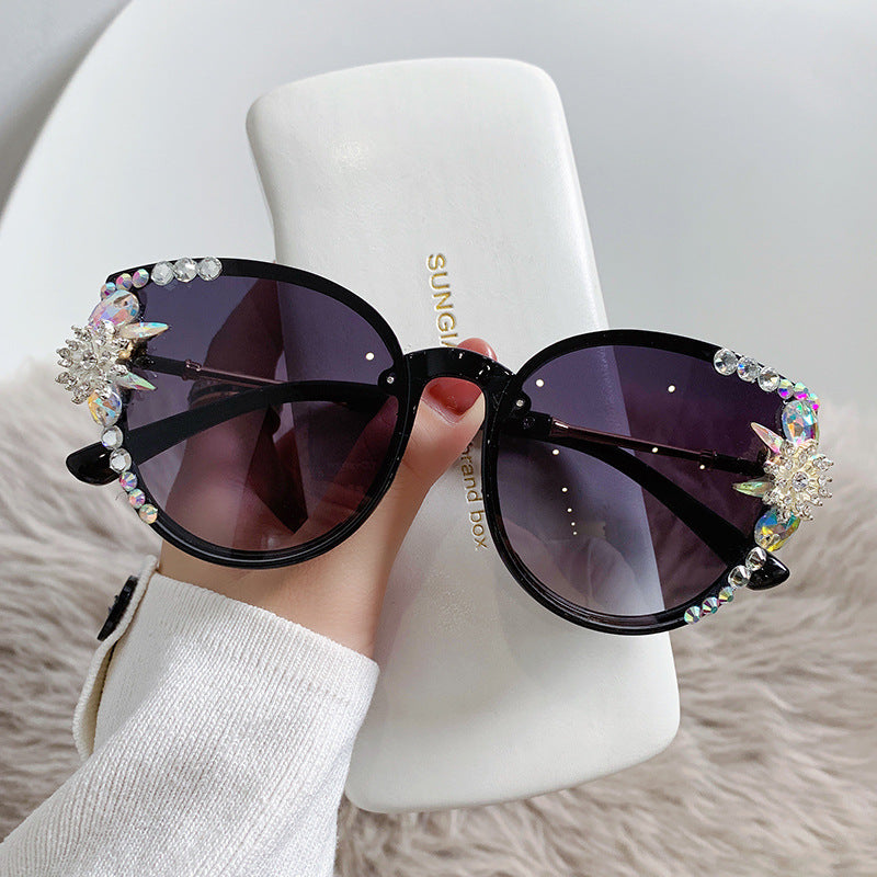 Women's fashion glasses 2024 跨境新款猫眼太阳镜欧美镶钻太女士防紫外线大框显瘦遮阳眼镜