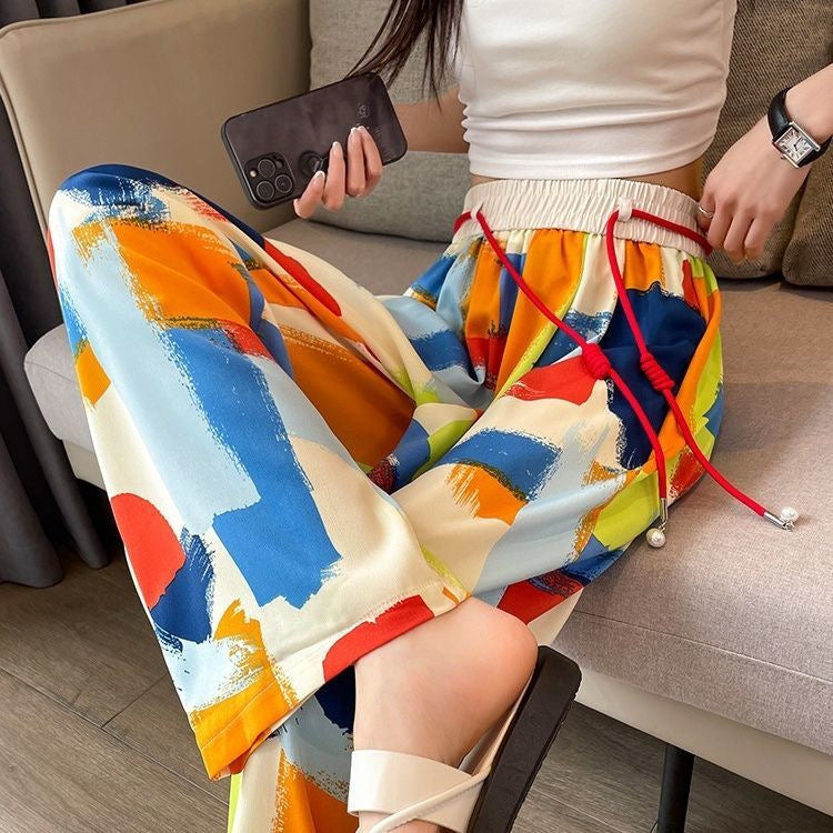 Free shipping  tie-dye wide-leg pants women's 2023 summer thin colorful dopamine drape thin straight casual pants tide