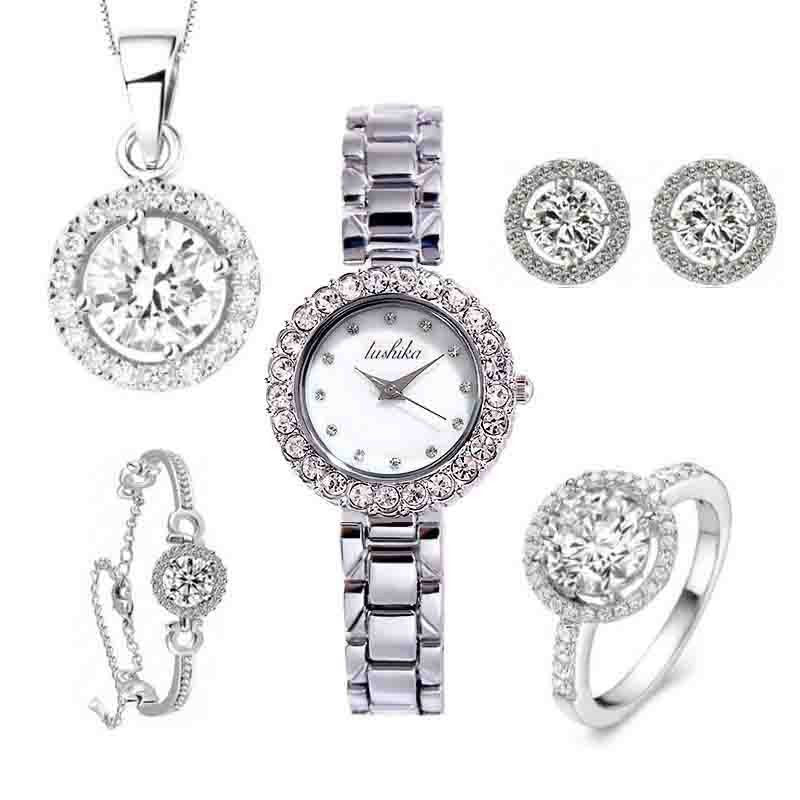 Fashion women's watchLushika New Ladies Watch Five-Piece Set Tik Tok Live Stream Diamond-Embedded Fashion Trend Quartz Watch Watch Suit