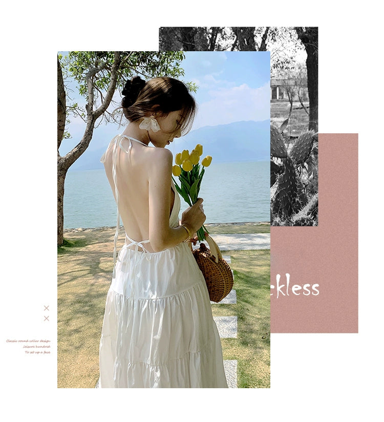 Fashion women's wear Yunnan Travel Photography Fairy Dress Orange Deep V-neck Backless Sling Dress Sanya Seaside Beach Skirt Female