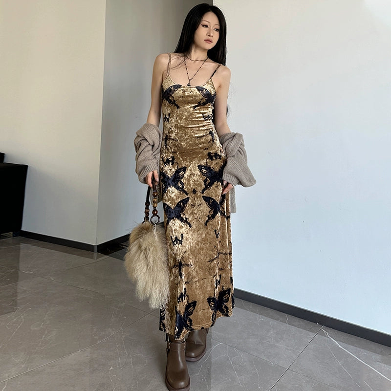 Fashion women's wear Wilderness Butterfly Printing Slip Dress 2024 Autumn New Hot Girl Sexy Slim Fit Slimming Sheath Dress