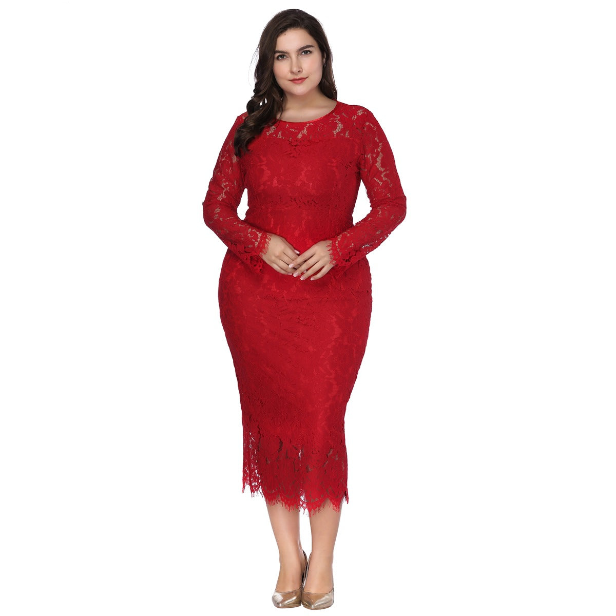 Fashion women's wear  Cross Border plus Size Foreign Trade Women's Clothing Popular Long Sleeve Lace Slim Dress Dress