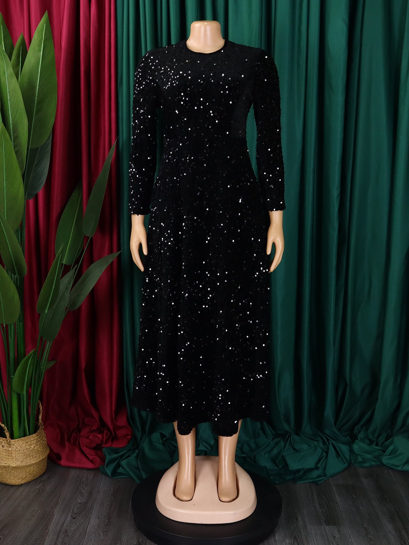 Fashion women's wear D469 Cross-Border New Arrival Women's round Neck Long Sleeve Pure Color Sequins High Waist Temperament Mid-Length Formal Dress European and American Style Dress