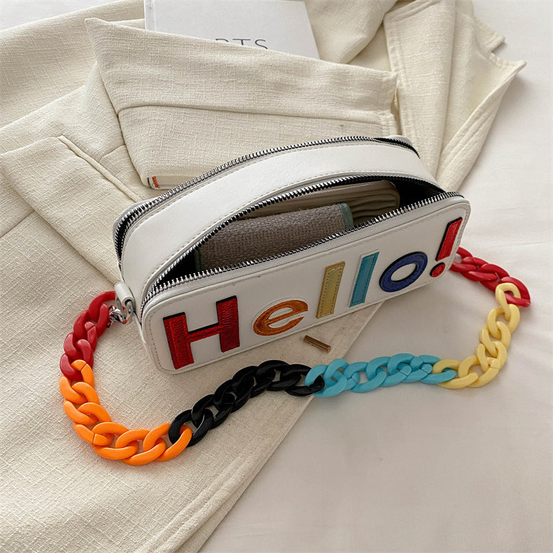Dopamine Bag Free shipping Tattoo Cross-border women's bags, new dopamine contrasting letters, fashion camera bags, zipper, small square bag, acrylic chain, single shoulder.