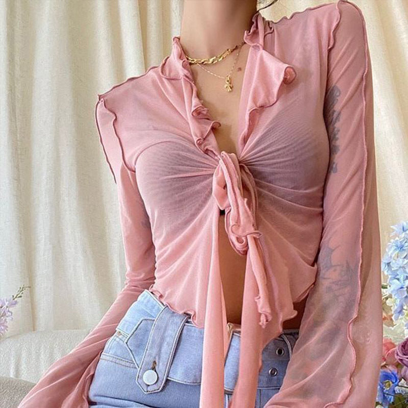 Free shipping  Spice Girl Long Sleeve T-Shirt Women's New Wear V-Neck Perspective Strap Skinny Cardigan Flared Sleeve Short Top tops