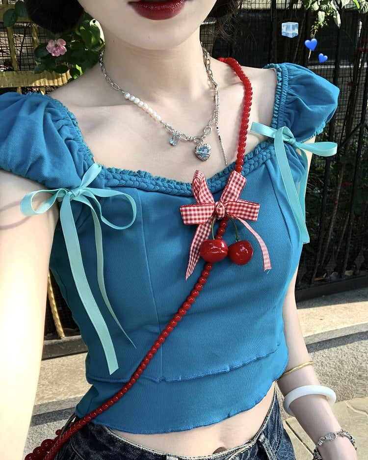 Dopamine tops Free shipping Tattoo Sweet dopamine braided rope bow lace-up short-sleeved T-shirt women's summer new cherry brooch short top