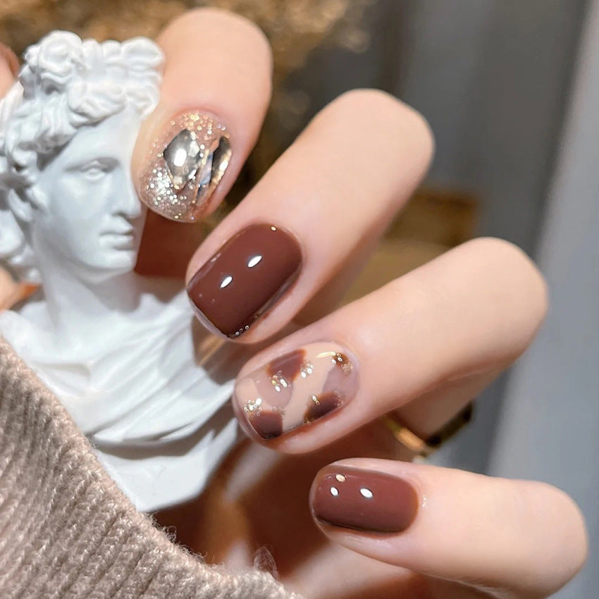 Fashion  nail Autumn and Winter Style Simple Rhinestone Milk Coffee Finished Nail Beauty Short Wear Fake Nails Detachable Nail Tip Wear Armor X95