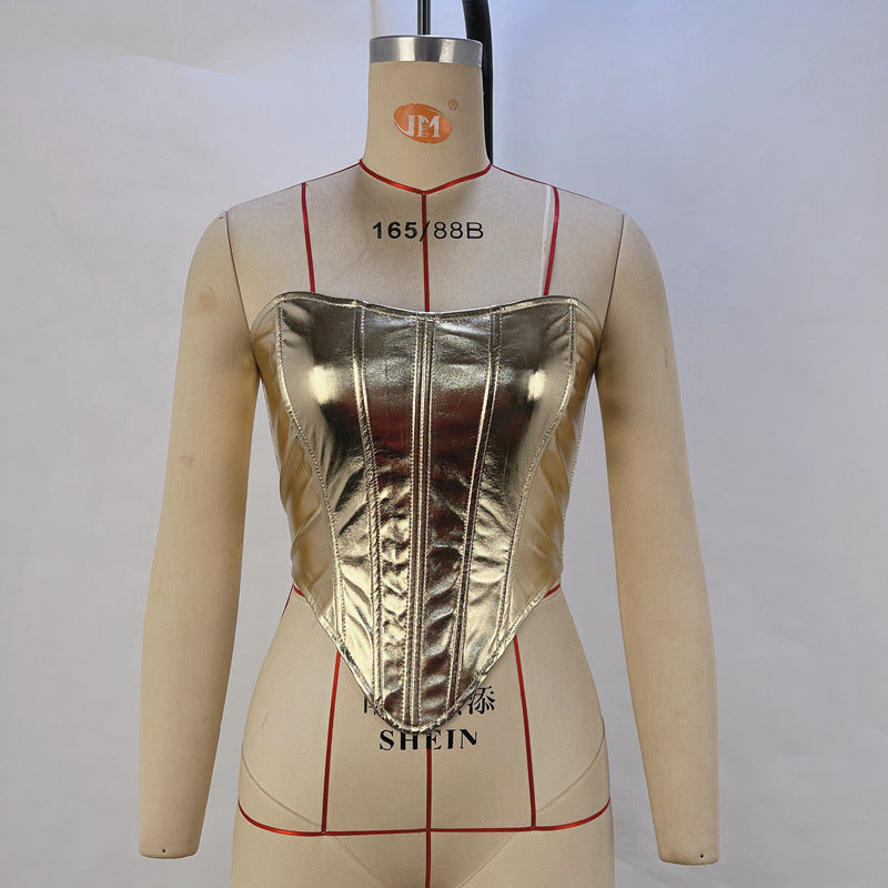 Free shipping Tattoo European and American women's clothing new 2024 summer fashion metal-colored waist top, sexy bottoming shirt, tube top, wholesale