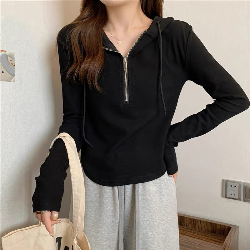 Dopamine tops Free shipping Tattoo Hooded sweater women's long-sleeved autumn new Korean version large size slim-fitting short zipper versatile and thin top women