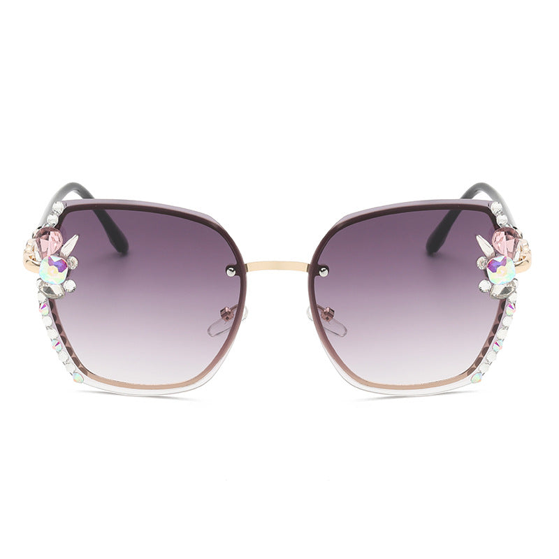 Women's fashion glasses 2022欧美跨境水钻墨镜女钻石切边太阳镜防紫外线奢华海洋片眼镜
