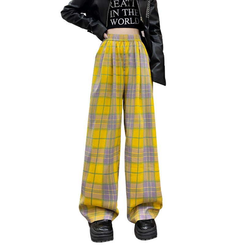 Dopamine pants Free shipping Tattoo Autumn 24 new dopamine plaid pants women's high-waisted versatile casual trousers narrow version vertical contrasting wide-leg trousers