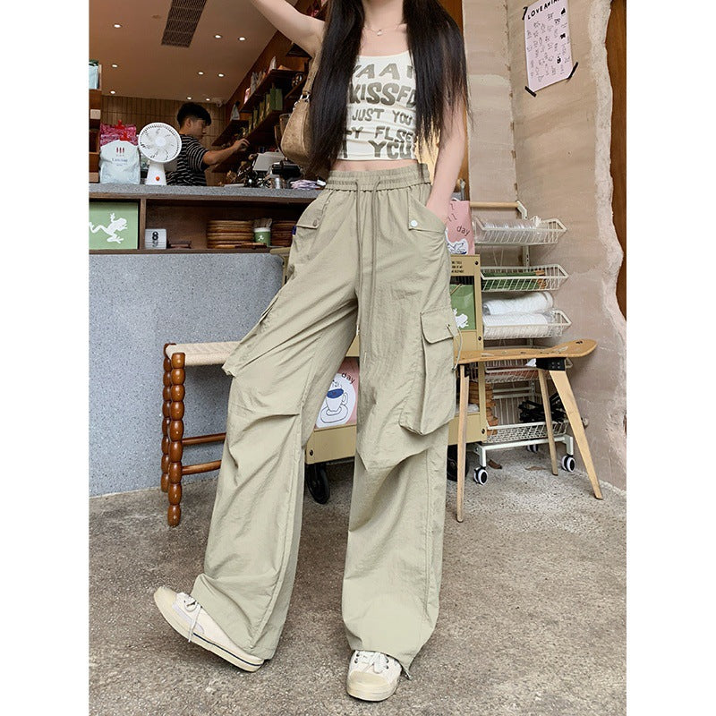 Dopamine pants Free shipping Tattoo Dopamine blue overalls women's summer American drawstring elastic waist casual pants sports tied feet wide-leg trousers